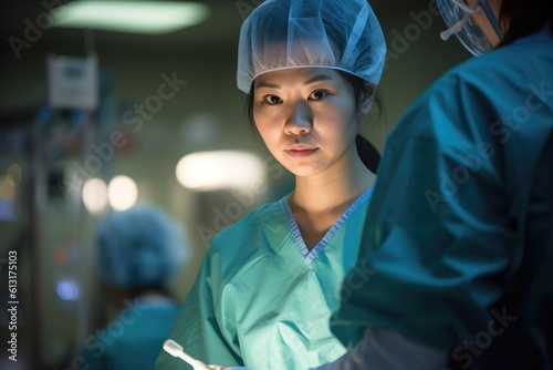 Photo of a female doctor performing surgery in an operating room. Generative AI