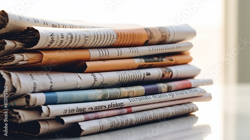 Close view of A stack of newspapers with headlines, gradient white background for news, blog