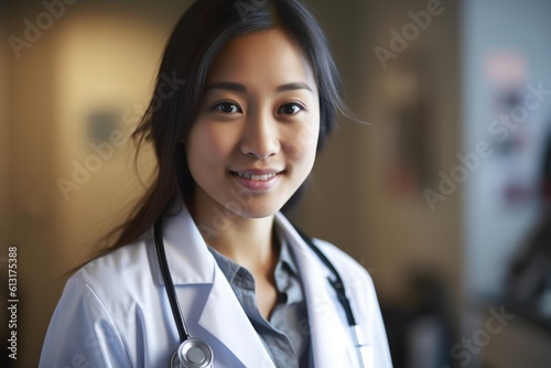A portrait shot of a female doctor wearing a white lab coat and stethoscope. Generative AI