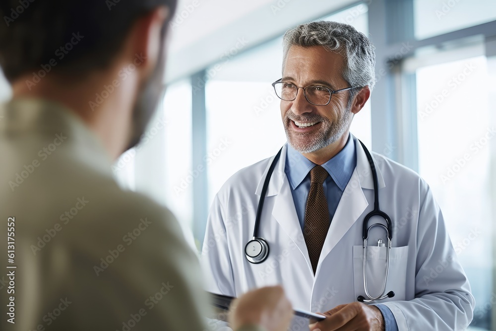 A candid photo of a male doctor interacting with a patient in a hospital room. Generative AI - obrazy, fototapety, plakaty 