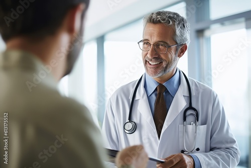 A candid photo of a male doctor interacting with a patient in a hospital room. Generative AI photo