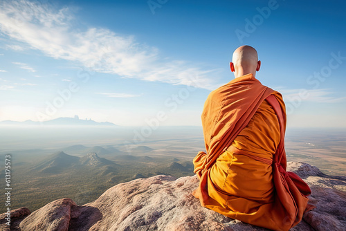 Tableau sur toile A Tibetan monk prays and meditates on a high mountain