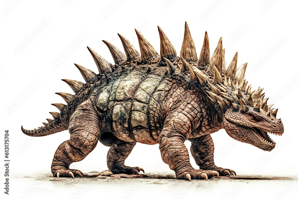Stegosaurus. Dinosaur, realistic image. White background. Ai illustration, fantasy digital painting, Generative AI