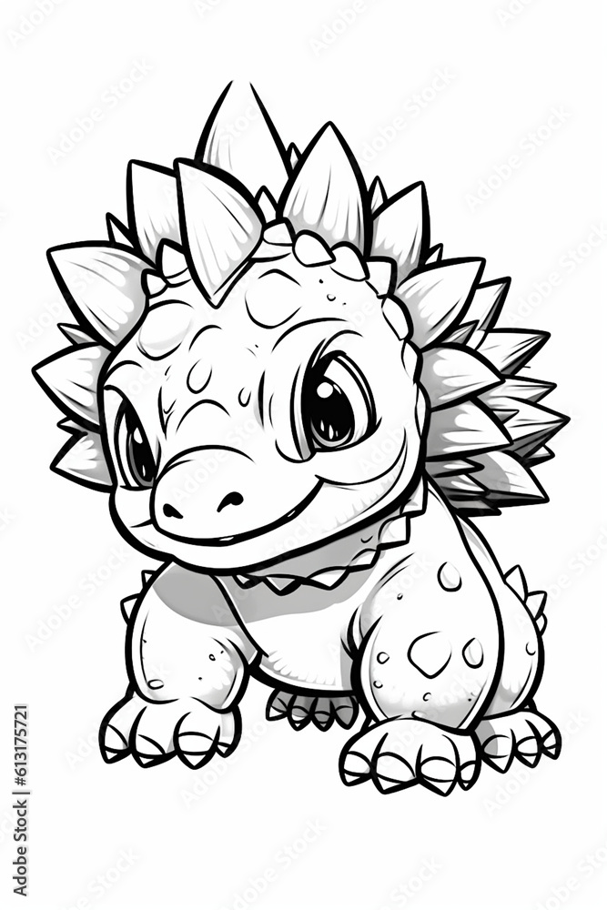Stegosaurus. Dinosaur, cartoon style, kids content. White background. Coloring page. Ai illustration, fantasy digital painting, Generative AI Stegosaurus. Dinosaur, cartoon style, kids content. White background. Coloring page. Ai illustration, fantasy digital painting, Generative AI