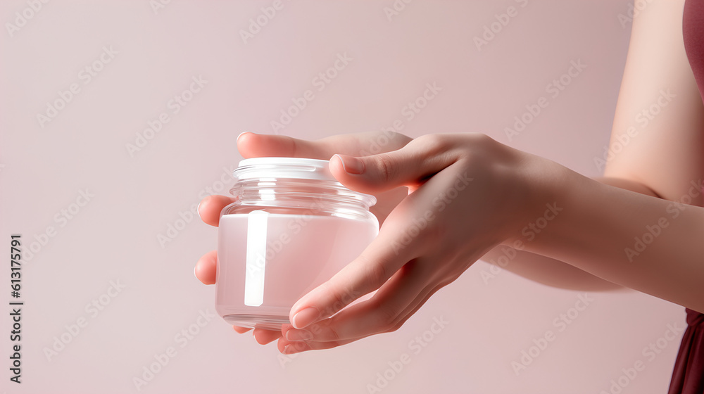 Cropped view of woman holding cream in small jar near on white pink background Cropped view of woman holding cream in small jar near on white pink background