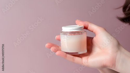 Cropped view of woman holding cream in small jar near on white pink background