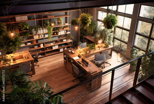 a modern office is shown with plants and equipment © Jahid