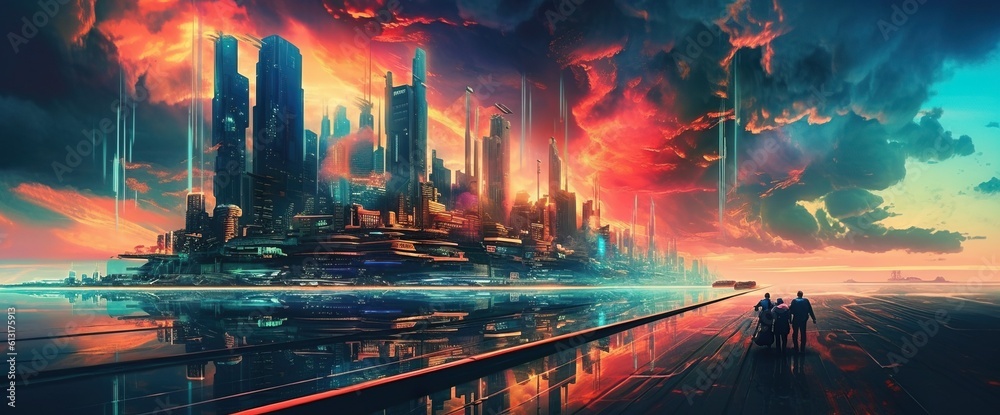 Cyberpunk neon city street at night. Futuristic city scene in a style ...