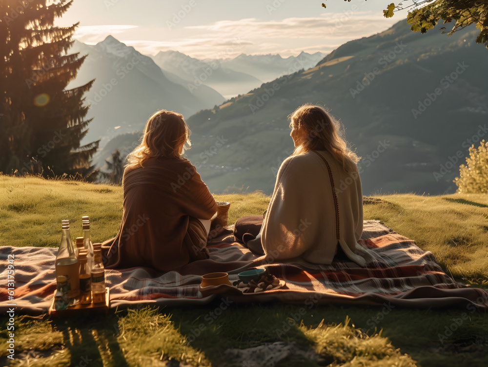 Two woman sitting on the mountain