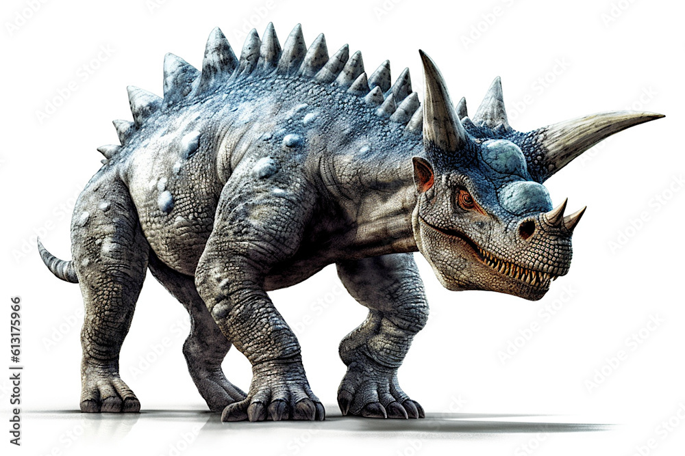 Centrosaurus. Dinosaur, realistic image. White background. Ai illustration, fantasy digital painting, Generative AI