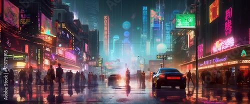 Cyberpunk neon city street at night. Futuristic city scene in a style of sci-fi art. 80's wallpaper. Retro future Generative AI illustration. Urban scene.