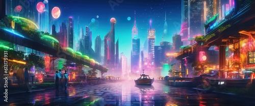 Cyberpunk neon city street at night. Futuristic city scene in a style of sci-fi art. 80 s wallpaper. Retro future Generative AI illustration. Urban scene.
