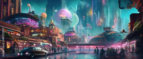 Cyberpunk neon city at night. Futuristic city scene in a style of sci-fi art. 80's wallpaper. Dramatic cloudscape. Retro future Generative AI illustration. Urban scene.