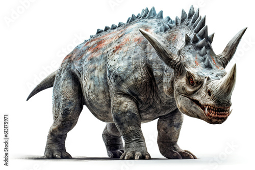 Centrosaurus. Dinosaur, realistic image. White background. Ai illustration, fantasy digital painting, Generative AI © PaulSat