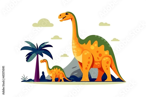 Brachiosaurus. Dinosaur  cartoon style  kids content. White background. Ai illustration  fantasy digital painting  Generative AI