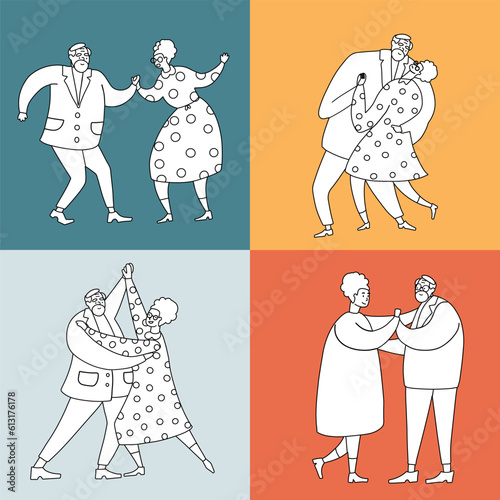 Elderly dancers set. Retro black and white old people have fun. Active pensioners concept. Vintage black linear silhouettes of dancers. Silhouette of a couple dancing. Doodle vector illustration