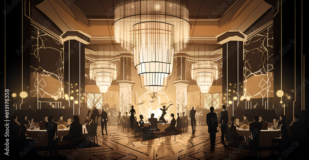 an art decoinspired illustration of a luxurious ballroom from the