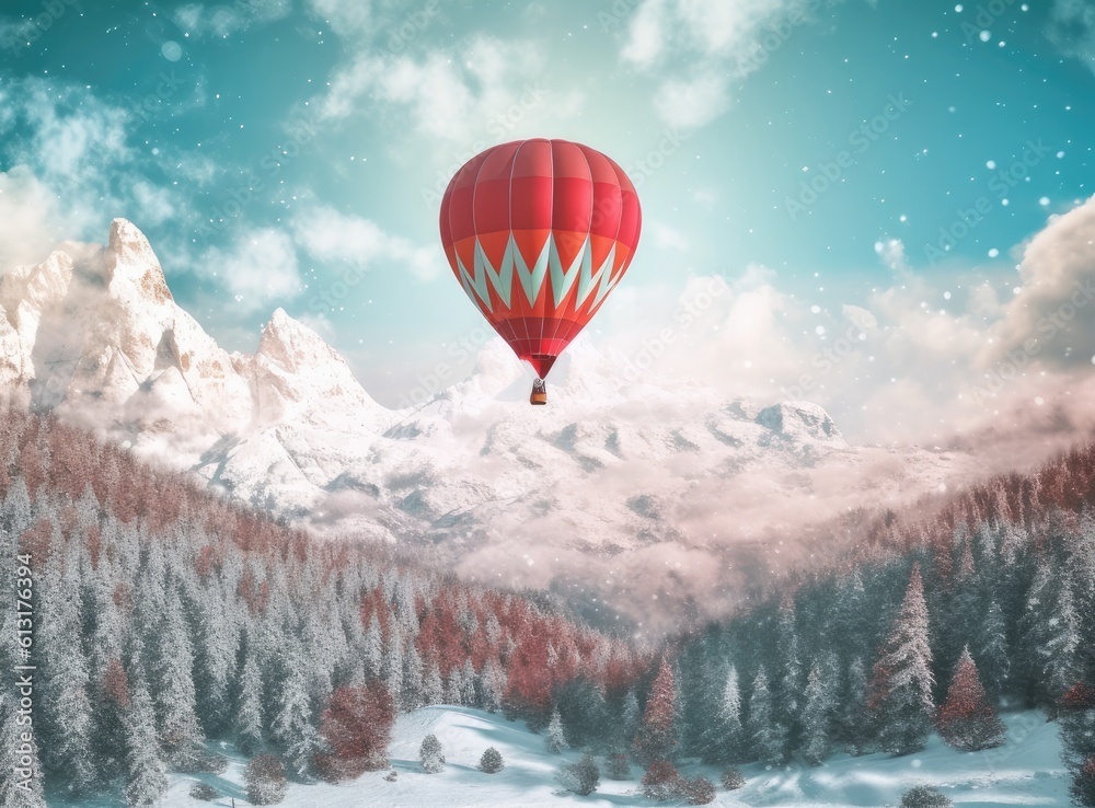 Obraz premium Colorful hot-air balloon flying over snowcapped mountain. Created with Generative AI technology.