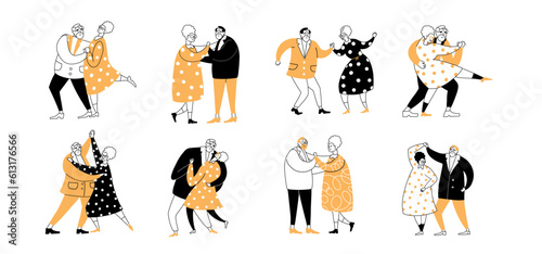 Set of doodle senior couple lovers enjoy time together, dancing, embracing, holding hands. Elder Valentine's day concept. Cute old characters dance. Simple hand drawn line and flat vector illustration