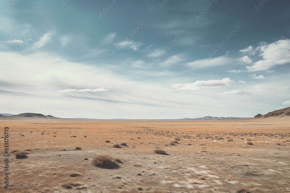 A landscape photograph featuring a vast expanse of empty space, such as a desert field. Generative AI