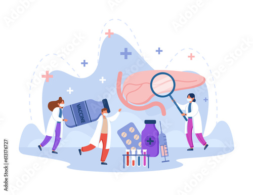 Tiny doctors treating cancer vector illustration. Scientists studying tumor under magnifier, carrying vaccine bottle and medicine. Cancer vaccine, health care, medicine concept