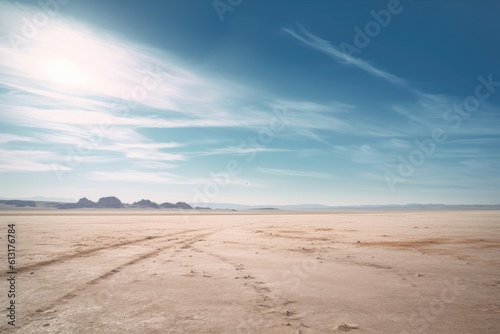 A landscape photograph featuring a vast expanse of empty space, such as a desert field. Generative AI