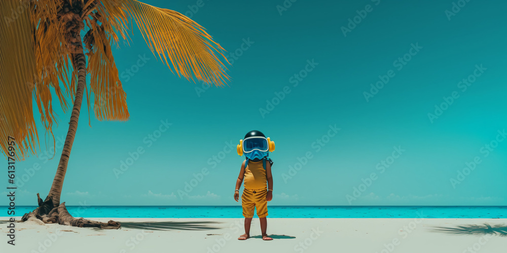 Fototapeta premium Generative AI, child in a diving mask on the beach against the background of a clear blue sky and palm leaves, joy, bright colors, vacation, a lot of empty space