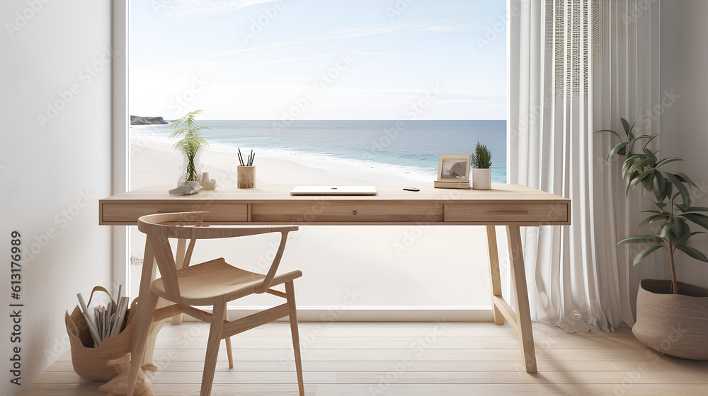 product mockup featuring a minimalistic wooden desk with a view of a ...