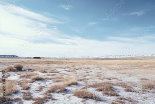 A landscape photograph featuring a vast expanse of empty space, such as a desert field. Generative AI