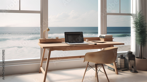 product mockup featuring a minimalistic wooden desk with a view of a serene beach scene through a large window, creating a calming and refreshing backdrop for the product