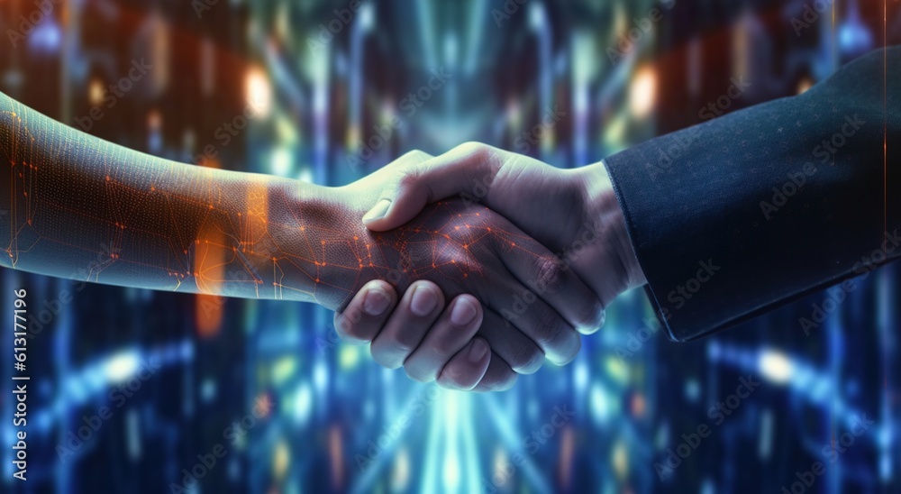 handshake business corporate cooperation with futuristic backdrop technology tech