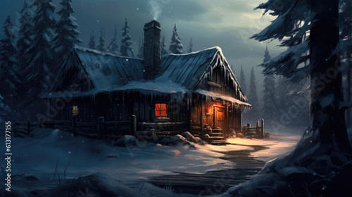 Spatial Dreams: Precisionist Winter Cabin Art. Generative AI © AIproduction