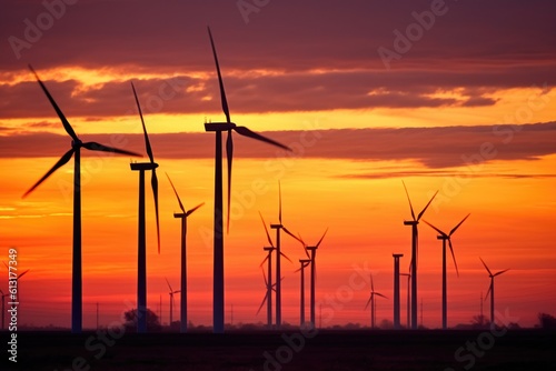 A silhouette shot of wind turbines against a colorful sunset sky. Generative AI