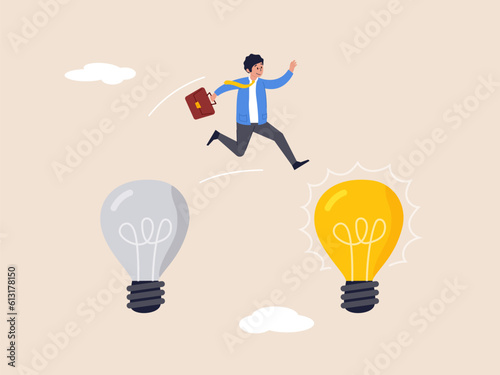Business transformation concept. Change management or transition to better innovative company, improvement and adaptation to new normal, smart businessman jump from old to new shiny lightbulb idea.