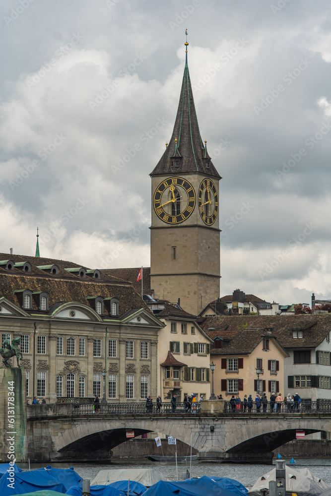 Sail boats parked in a river harbor. Limmat river Zurich, Switzerland, daytime, no people