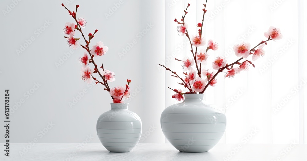 flowering pink cherry branch in vase on white background. Created with Generative AI technology flowering pink cherry branch in vase on white background. Created with Generative AI technology