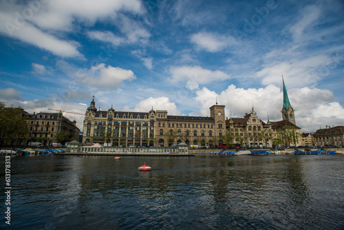 Beautiful view of old town Zurich city from the Quai bridge