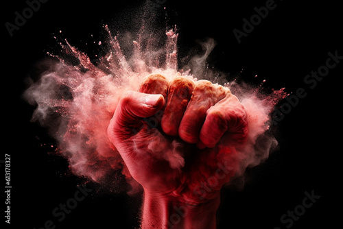A single clenched fist bursting with red colored powder, isolated on black. Strength, stress, fight, anger, pressure. Developed with generative ai