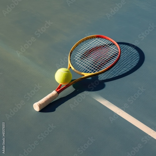 Tennis ball and racket on the tennis court. Generative AI
