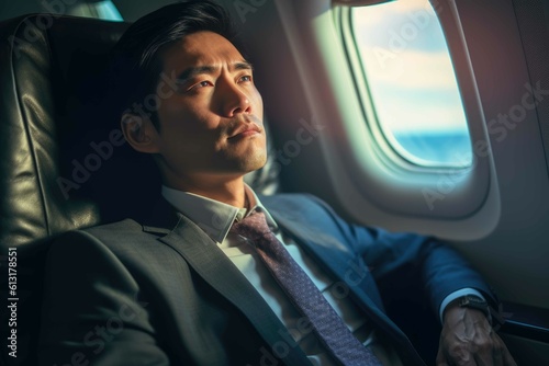 Asian business man on a plane, business trip. Generative AI. © Ladanifer