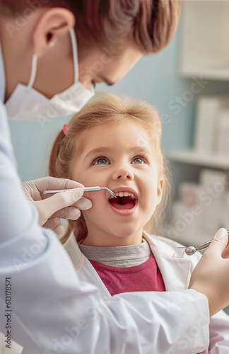 Εκτύπωση καμβά A female dentist examines a child's teeth in a dental office