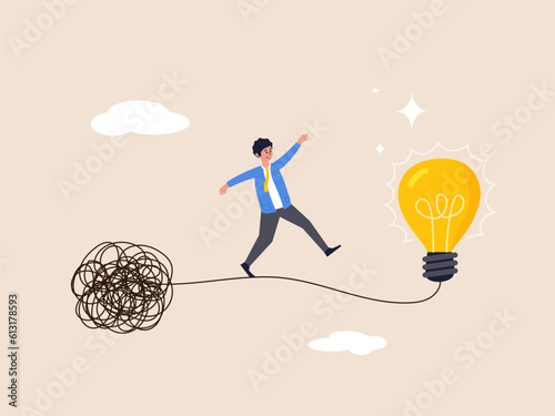 Discover easy way to understand concept. Simplify idea to find solution, thinking process or creativity to solve problem, smart businessman walking away from mess chaos line to simple lightbulb idea.