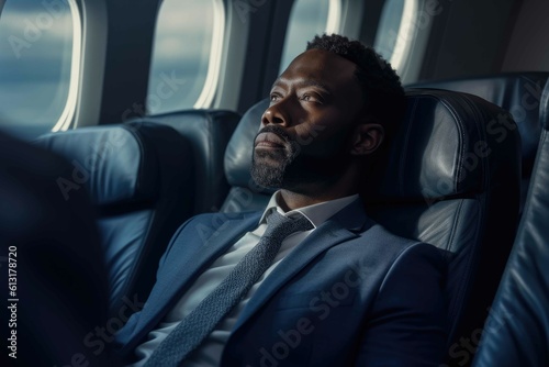 African business man on a plane, business trip. Generative AI. © Ladanifer