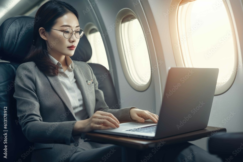 Asian business woman working on laptop on a plane. Generative AI. Asian business woman working on laptop on a plane. Generative AI.