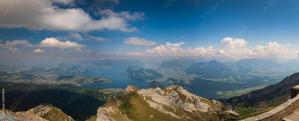 Mount Pilatus in Kanton Lucerne Switzerland. Wide-angle panorama, sunny summer day