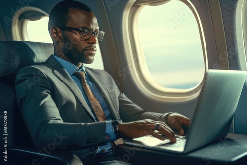 African business man working on laptop on a plane. Generative AI. © Ladanifer