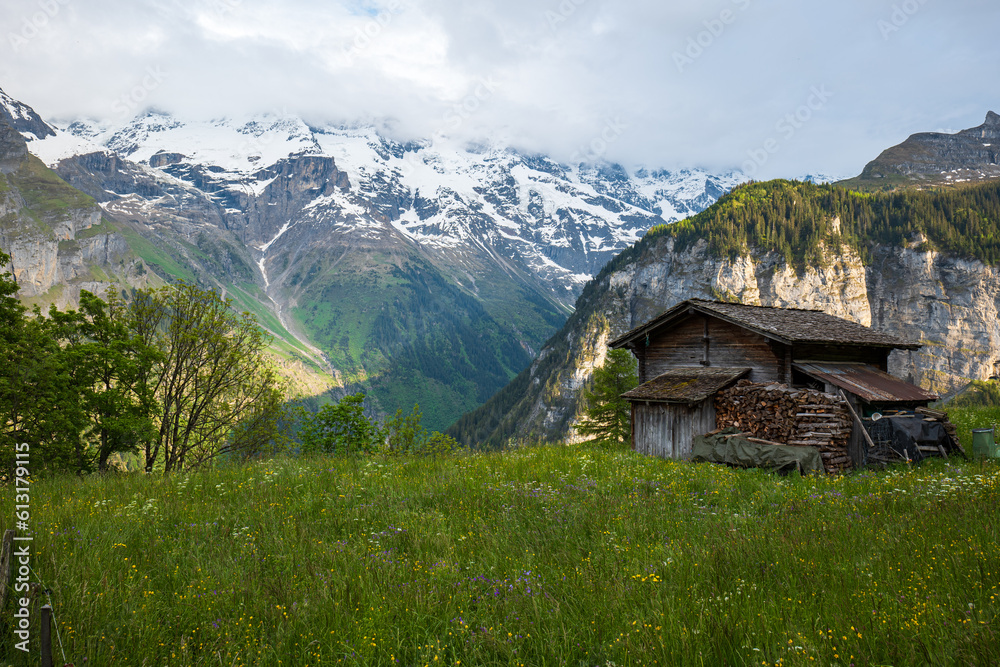 Wooden shed or log cabin in the Swiss Alps. Sunny summer day, no people, snowy mountain range in the background