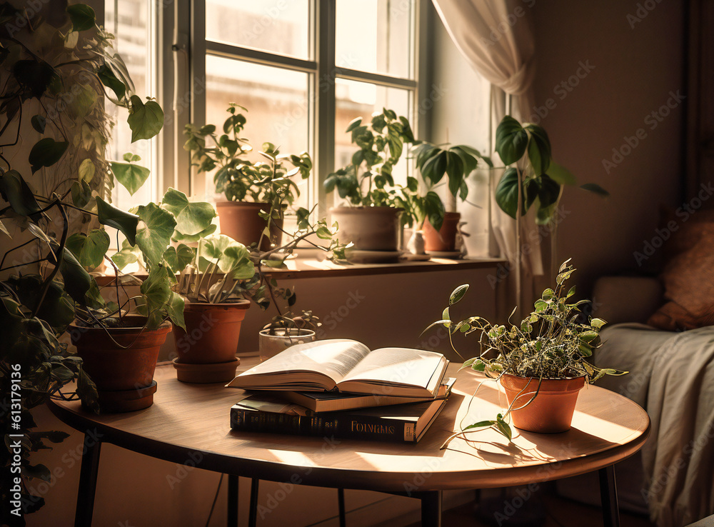 a photo of a living room with plants and a book