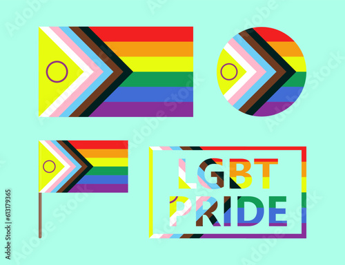 New progressive LGBTQ flag design vector illustrations set. Collection of cartoon drawings of different designs of new LGBT symbol. LGBTQ community, human rights, freedom, pride month concept