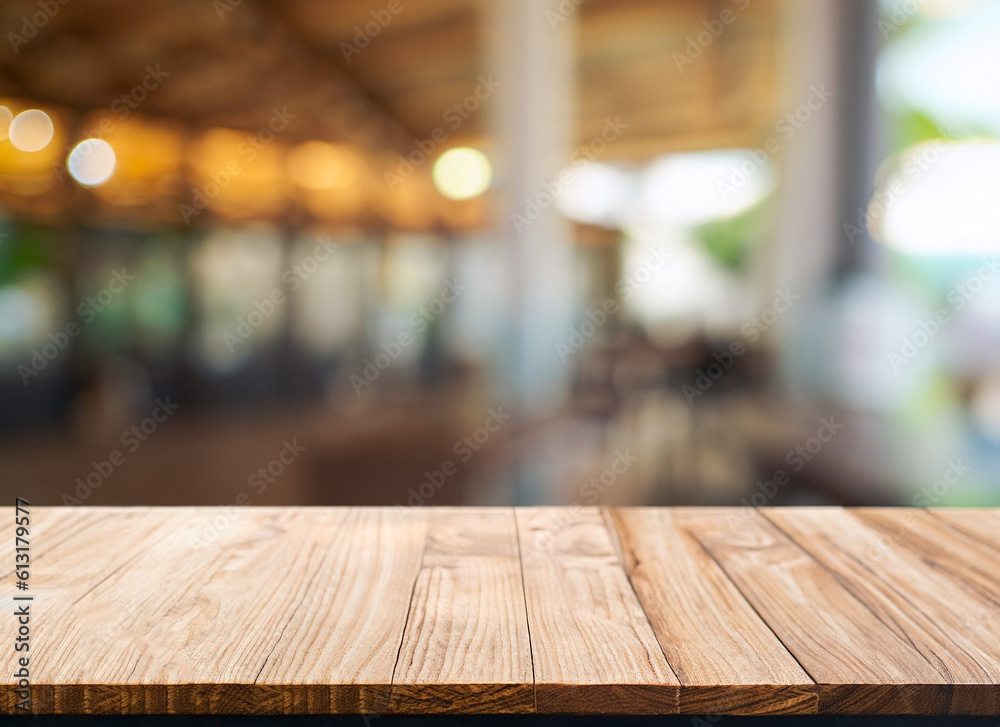 Wood texture table top (counter bar) with blur light gold bokeh in cafe, restaurant background. For montage product display or design key visual layout